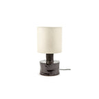 Lámpara de sobremesa con pantalla beige y base metálica oscura brillante con cable