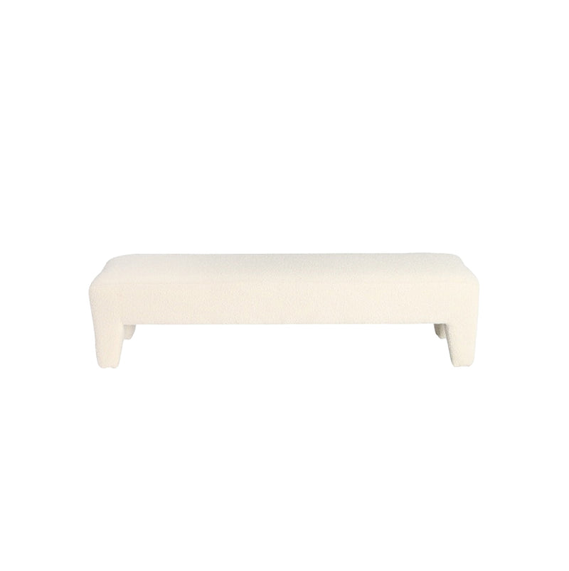 Banco tapizado crema, vista frontal con patas bajas y respaldo fijo