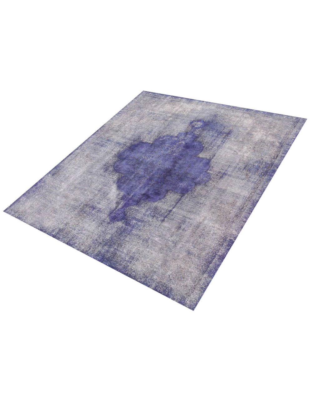 Alfombra vintage persa rectangular con patrón desgastado y medallón morado/azul.