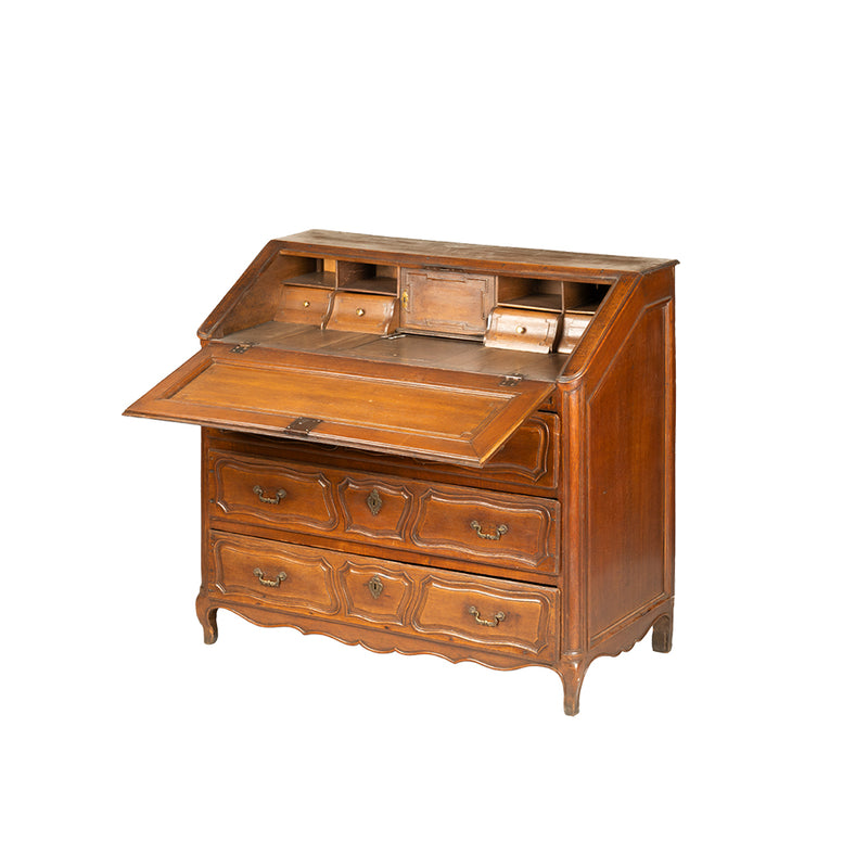 Secreter de madera vintage abierto, con compartimentos y bandeja superior abatible