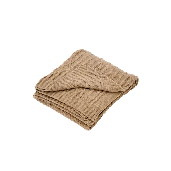 Plaid Arnol knit throw in beige with cable/waffle pattern, folded