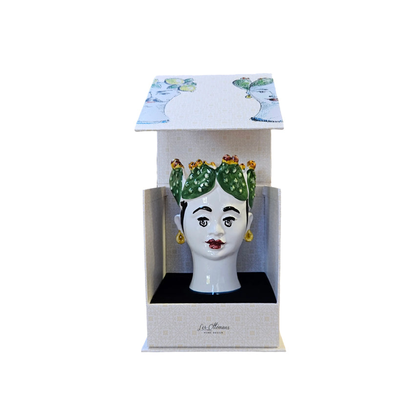 Vela decorativa cabeza siciliana blanca con tocado verde, Figs