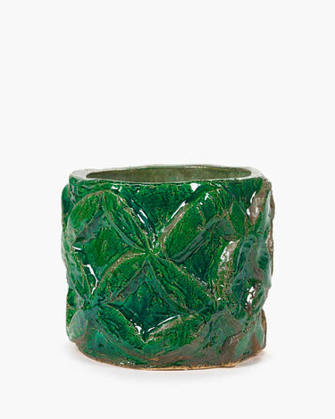 Macetero Flower XS de vidrio verde con relieve de hojas