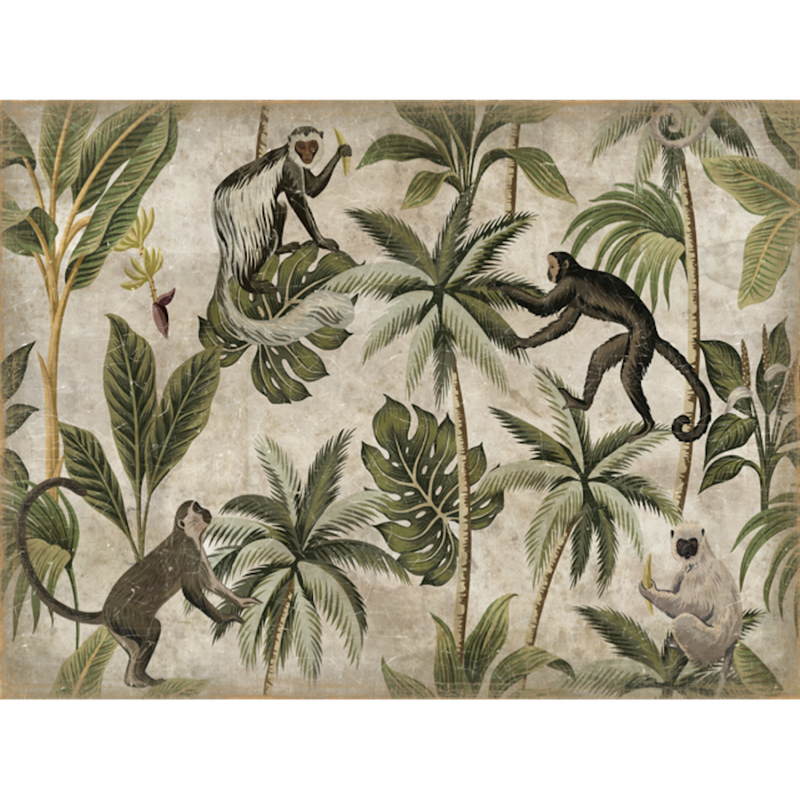 Lona con bastidor 150x200 cm con jungla de hojas verdes y animales en blanco y negro