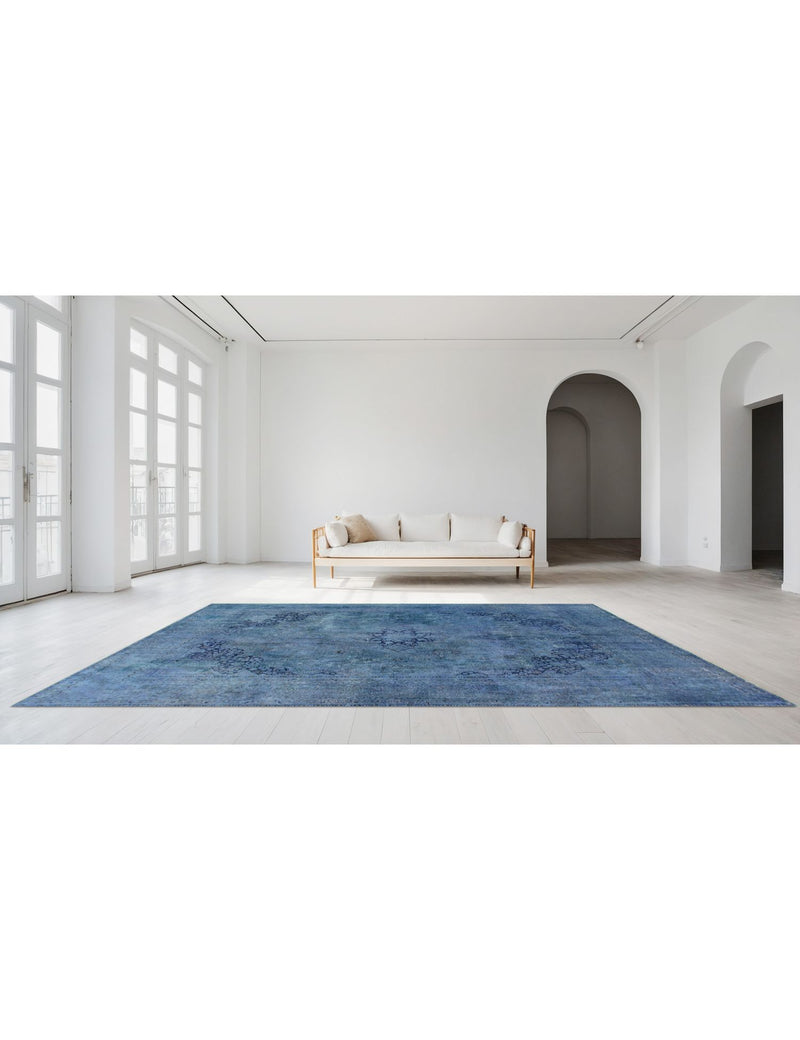 Alfombra vintage persa azul rectangular, diseño de medallones y arabescos