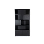 Vitrina de madera oscura con estantes y compartimentos, dos puertas inferiores.
