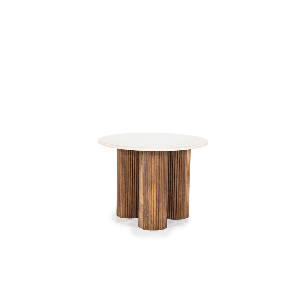 Mesa de centro redonda de madera con tapa de mármol blanca y base cilíndrica