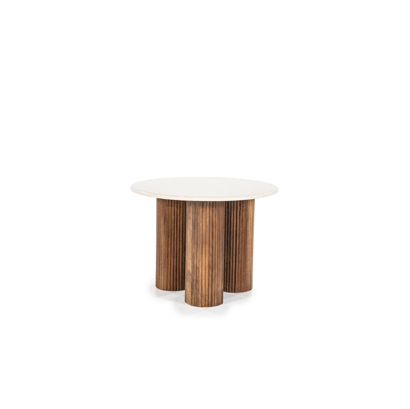 Mesa de centro redonda de madera con tapa de mármol blanca y base cilíndrica