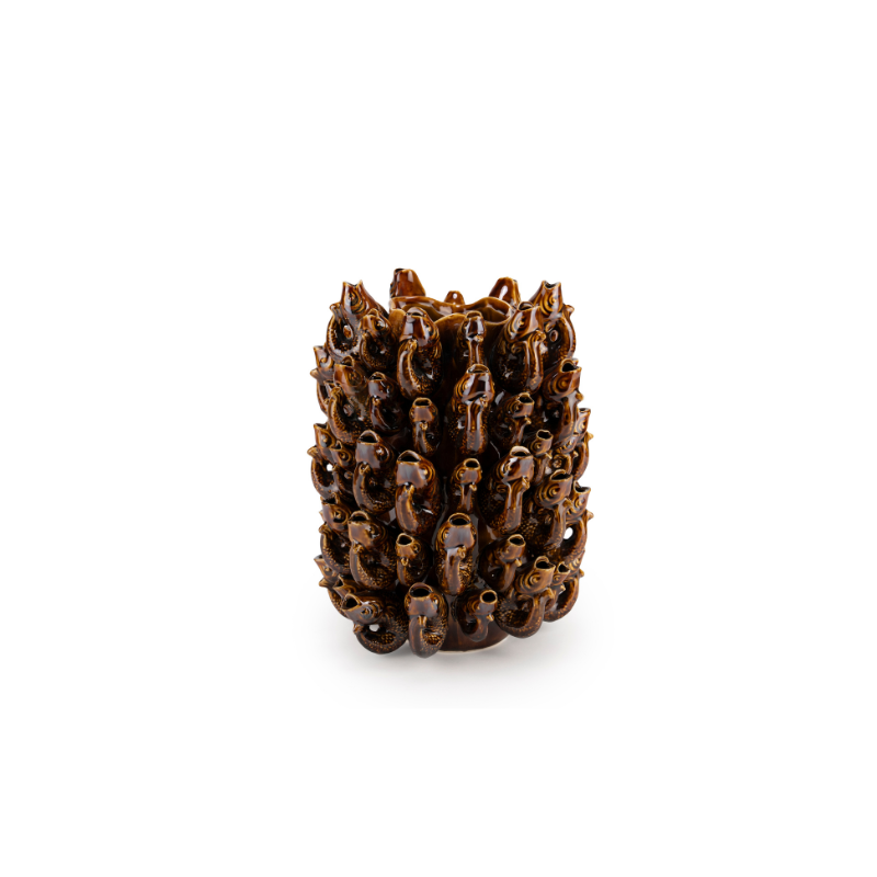 Jarrón cerámico marrón brillante con relieve decorativo