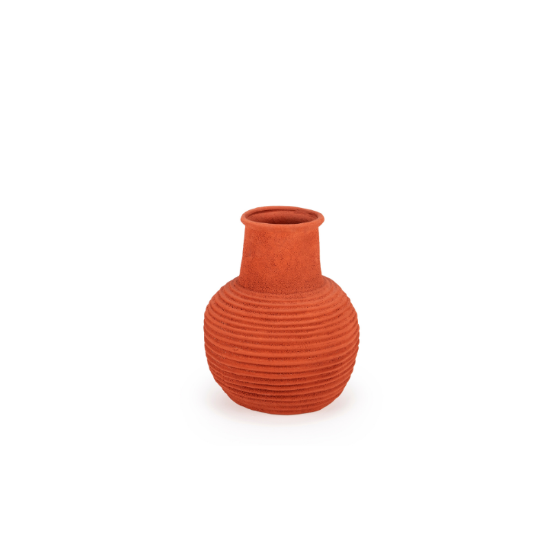 Jarrón de cerámica terracota con relieve en espirales y boca ancha