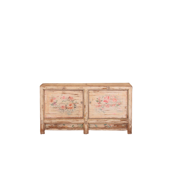 Aparador de madera con dos puertas y flores pintadas, acabado envejecido.