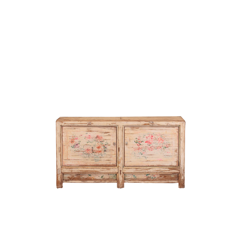Aparador de madera con dos puertas y flores pintadas, acabado envejecido.
