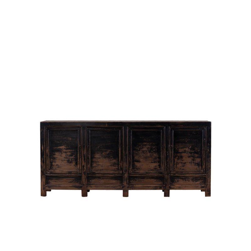 Aparador de madera oscuro con 4 puertas y patas, acabado envejecido.