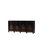 Aparador de madera oscuro con 4 puertas, vista lateral, patas de madera.