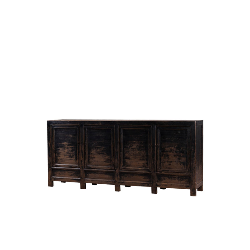 Aparador de madera oscuro con 4 puertas, vista lateral, patas de madera.