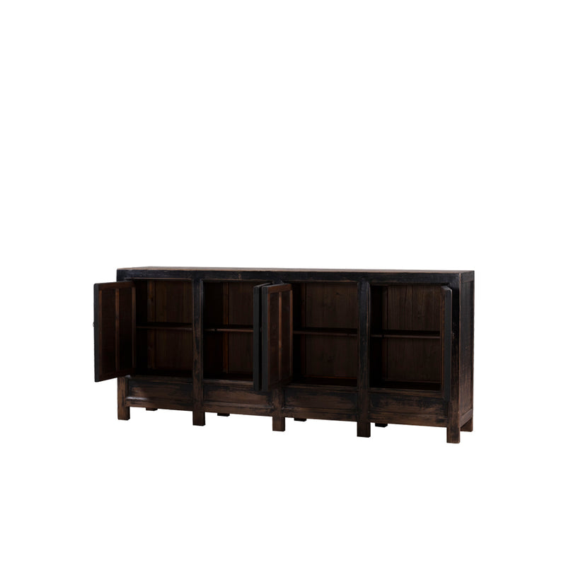 Aparador de madera oscuro con puertas abiertas, interior visible y patas de madera.