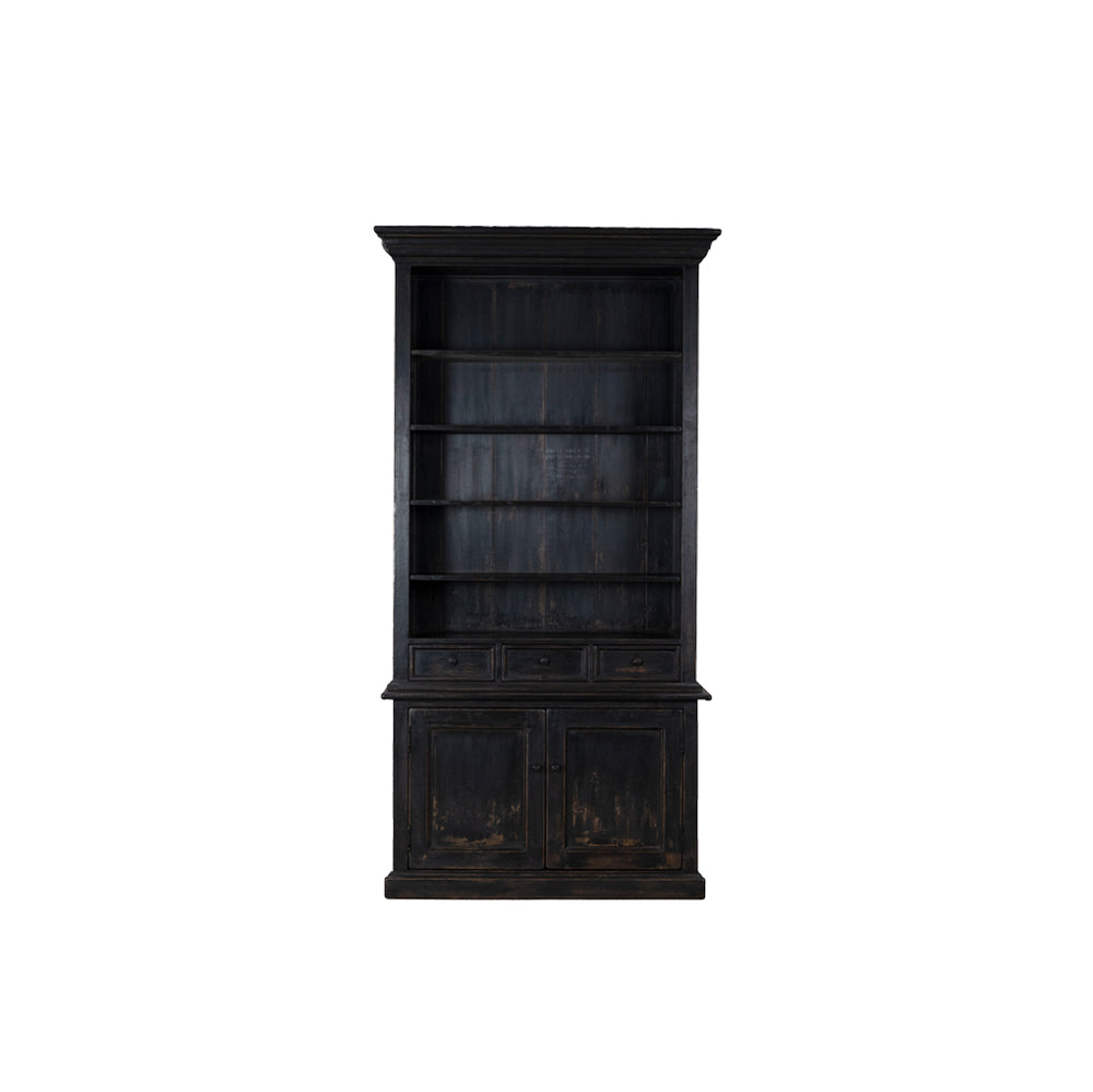 Librería de madera negra con estantes y dos puertas inferiores
