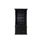 Librería de madera negra con estantes y dos puertas inferiores