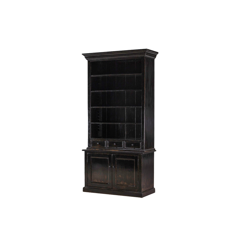 Librería de madera negra con estantes y puertas inferiores, acabado envejecido