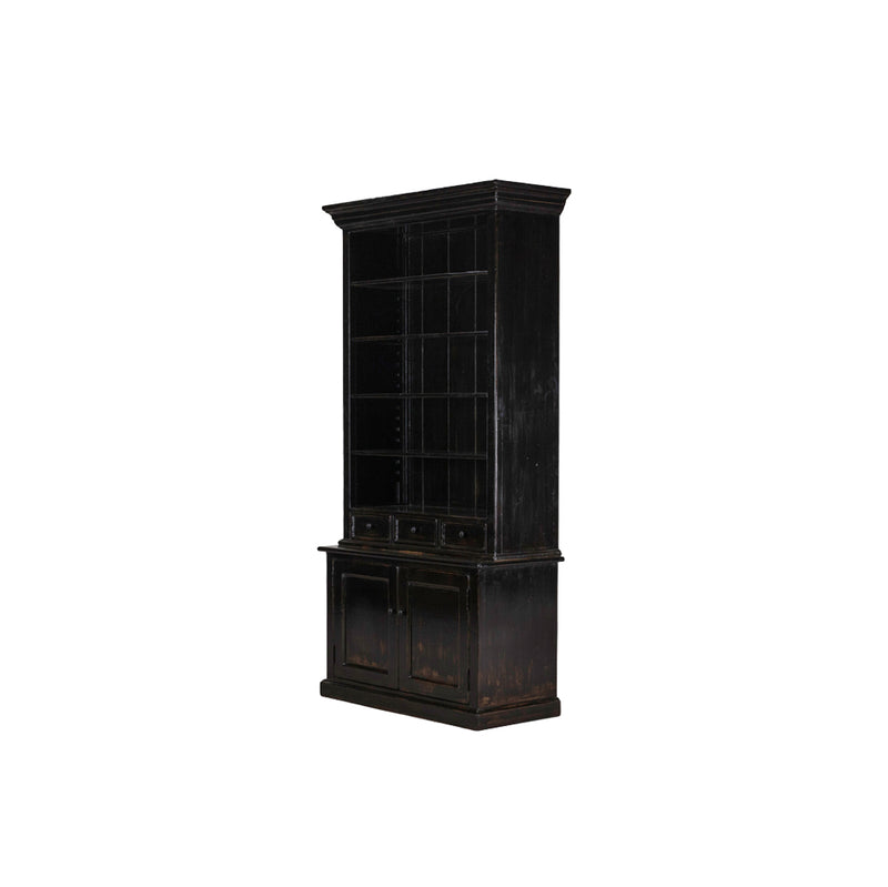 Librería de madera negra alta con estantes y puertas inferiores con detalles