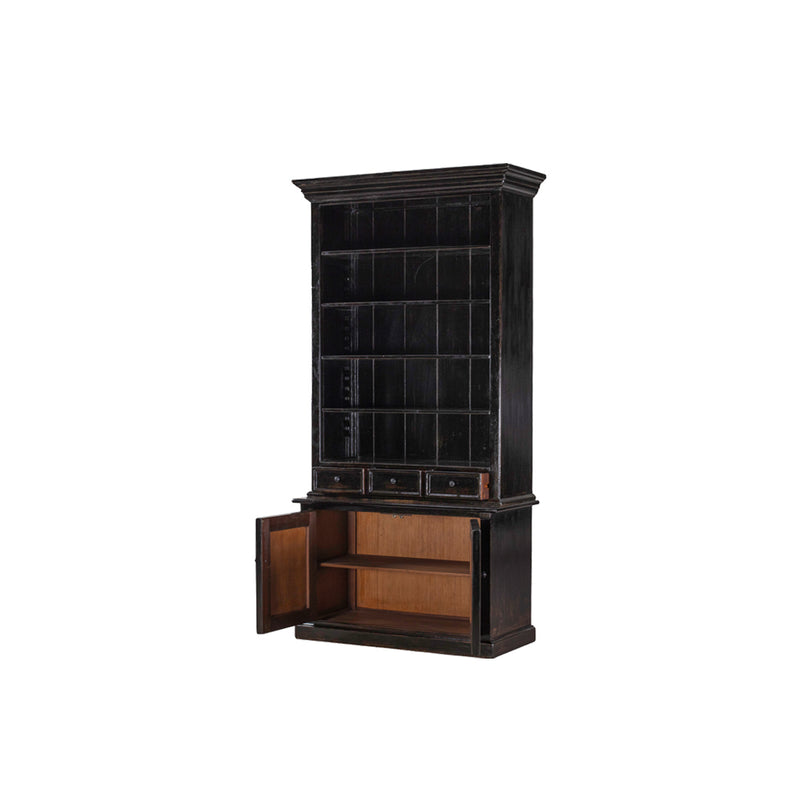 Librería de madera negra con puertas inferiores abiertas y estantes interiores