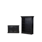 Librería de madera negra con estantes y dos puertas inferiores, vista frontal