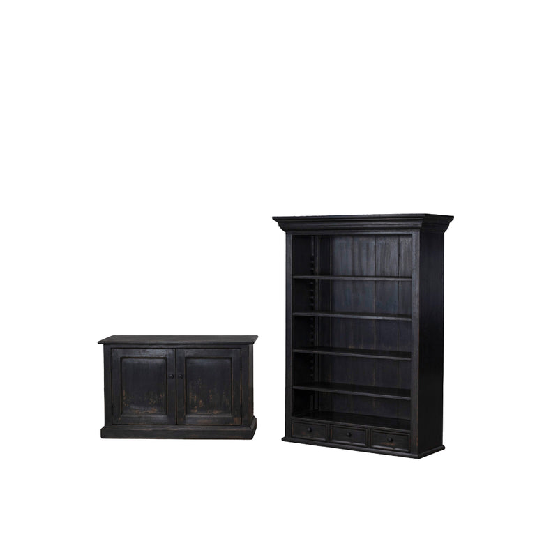 Librería de madera negra con estantes y dos puertas inferiores, vista frontal