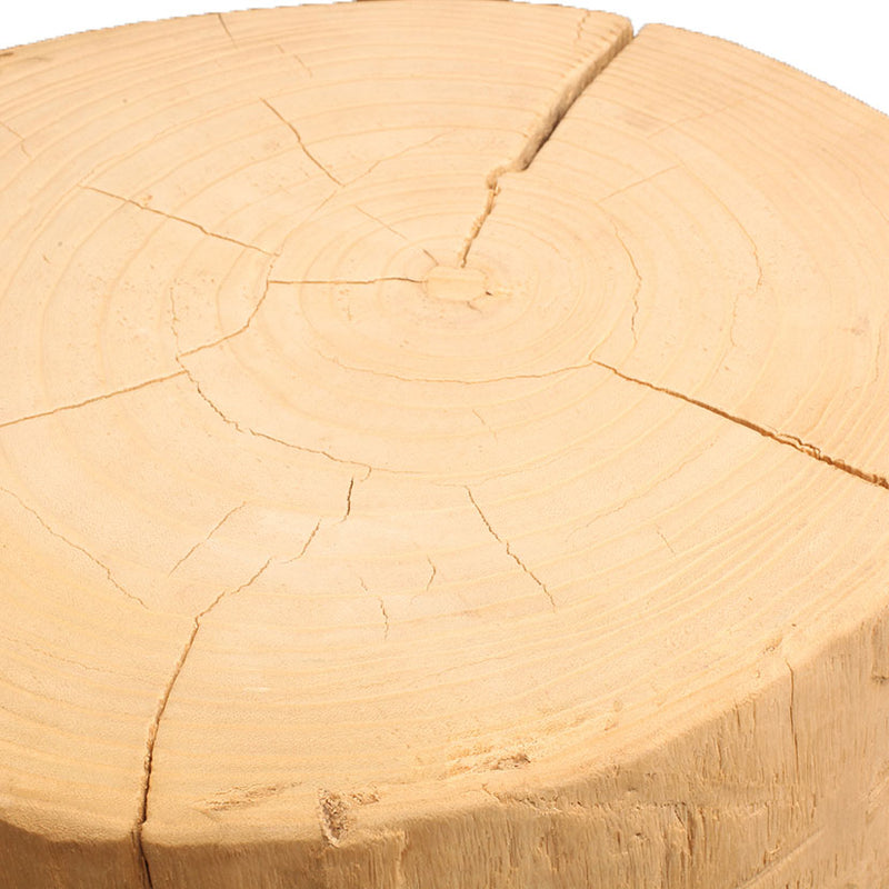 Superficie superior de mesa auxiliar cilíndrica de madera natural, vetas y grietas