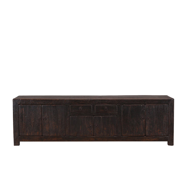 Aparador bajo de madera negro con dos puertas y cajones centrales