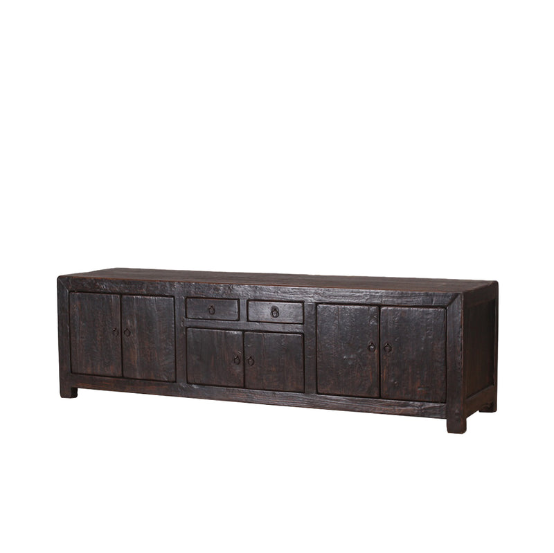 Aparador bajo de madera negro con cuatro puertas y dos cajones