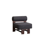 Butaca de madera con asiento acolchado y tejido oscuro, vista lateral, patas de madera