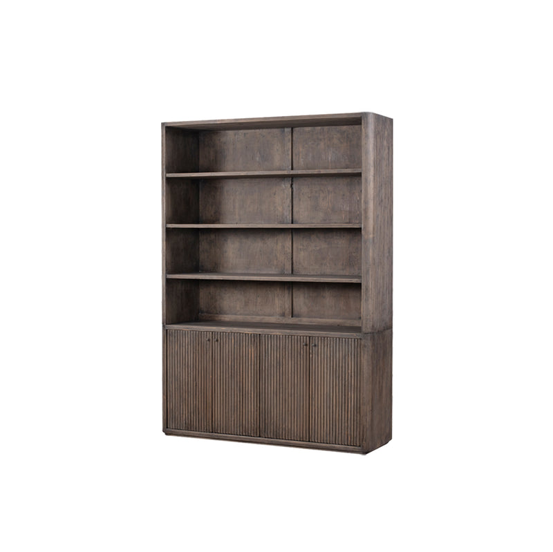 Librería de madera con estantes y puerta inferior acanalada, vista lateral, marrón.