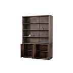 Librería de madera con estantes y puertas inferiores abatibles abiertas, marrón.