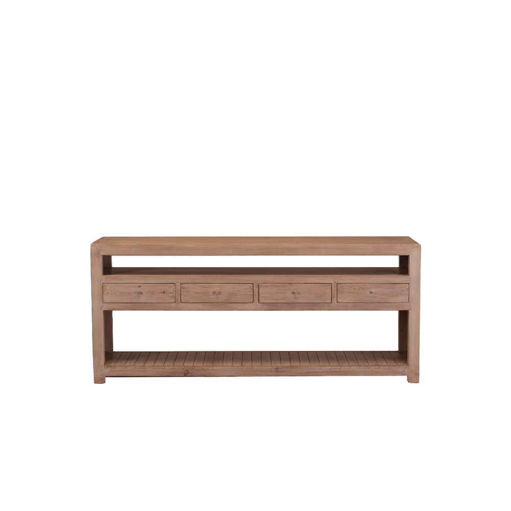 Consola de madera maciza con cuatro cajones y repisa abierta central