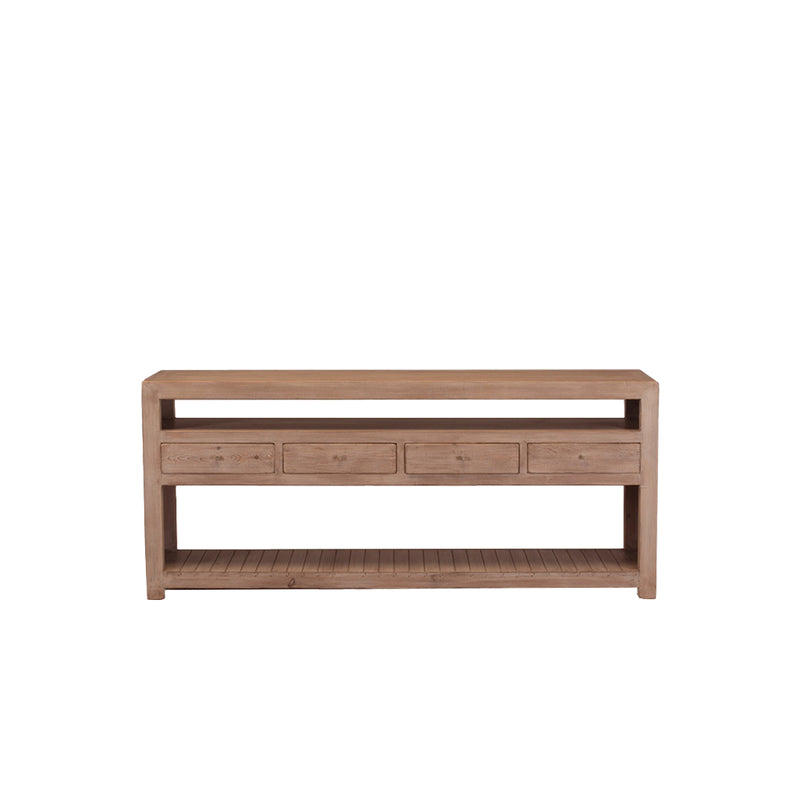 Consola de madera maciza con cuatro cajones y repisa abierta central