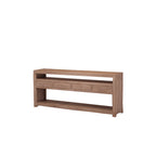 Consola de madera maciza con barra superior y varios cajones en fila