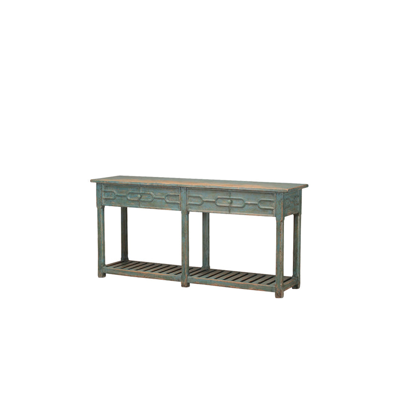 Consola de madera azul decapada con cajón frontal y repisa inferior de listones.