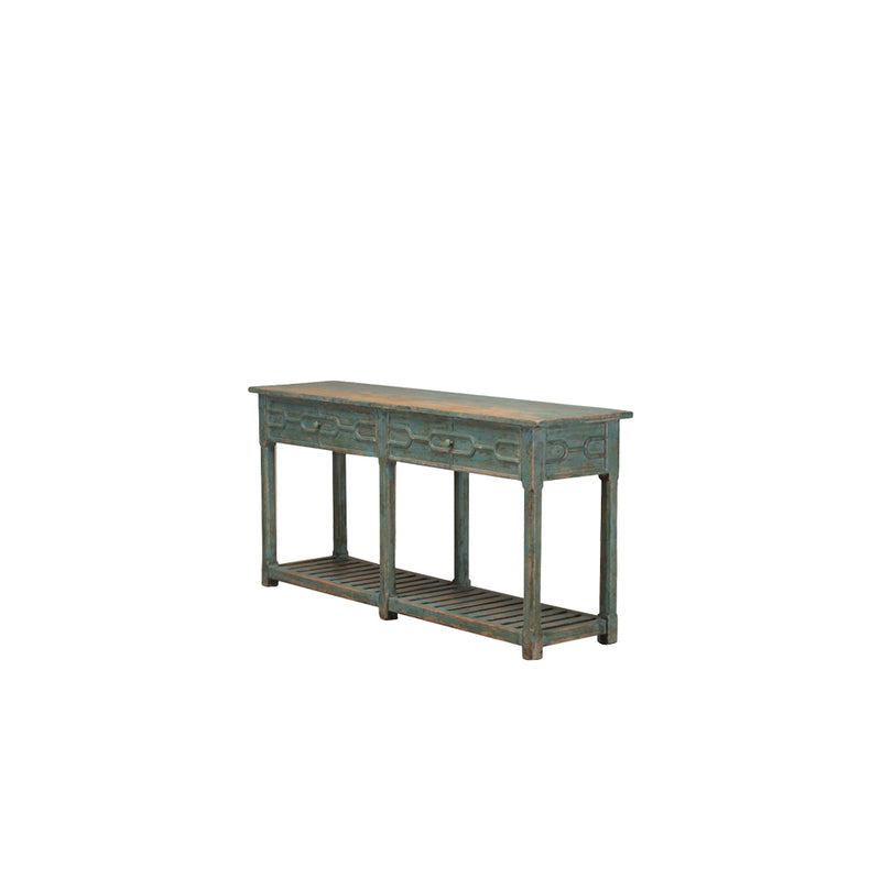 Consola de madera azul decapada con cajón superior y repisa inferior de listones.