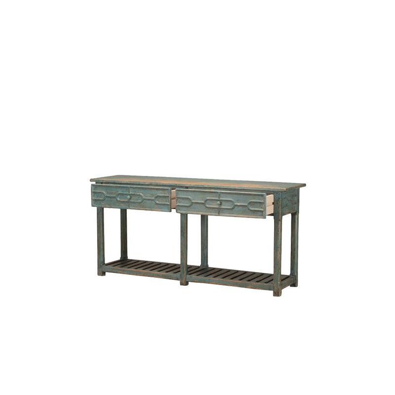 Consola de madera azul decapada con cajón frontal y dos espacios abiertos inferiores.