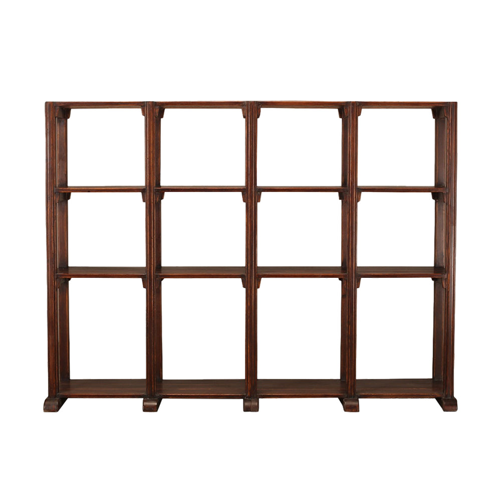 Librería de madera abierta con 12 estantes rectangulares y estructura de postes