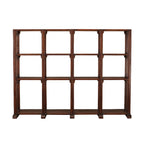 Librería de madera abierta con 12 estantes rectangulares y estructura de postes