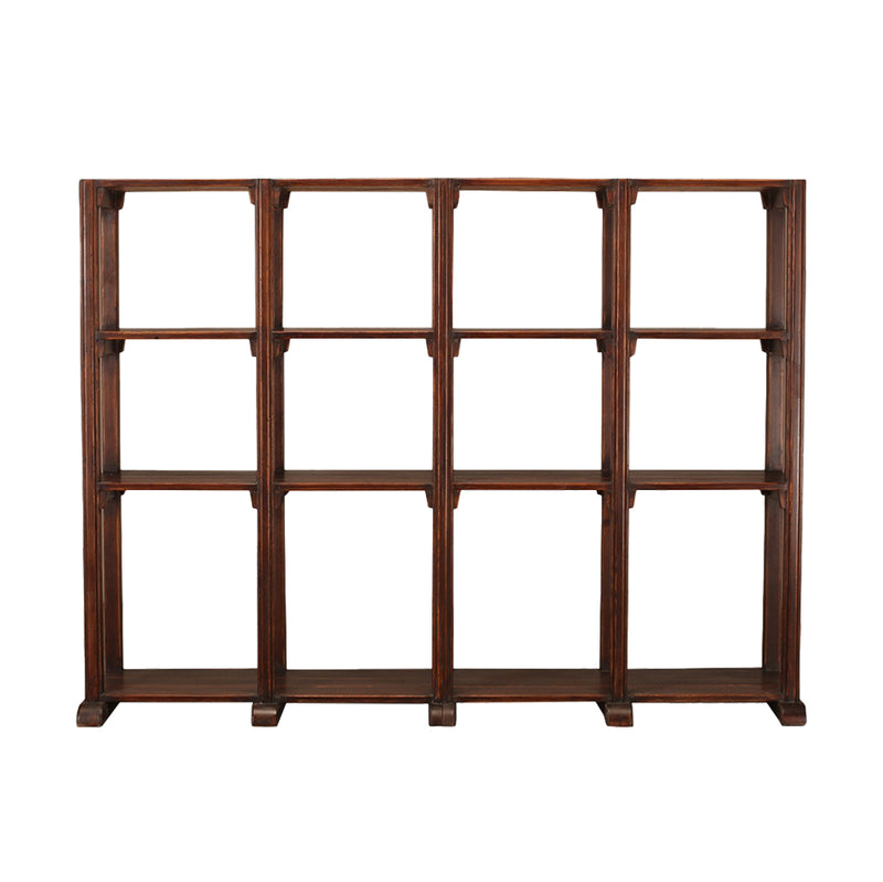 Librería de madera abierta con 12 estantes rectangulares y estructura de postes