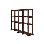 Librería de madera abierta oscura con base de patas y estantes rectangulares
