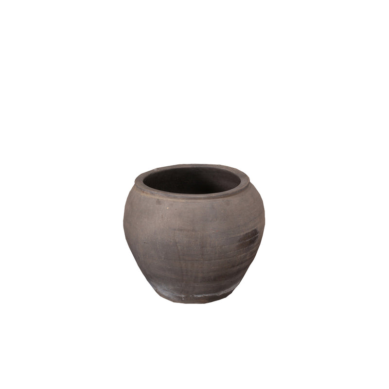 Macetero Heritage de cerámica gris oscuro, abertura circular y cuerpo abombado.