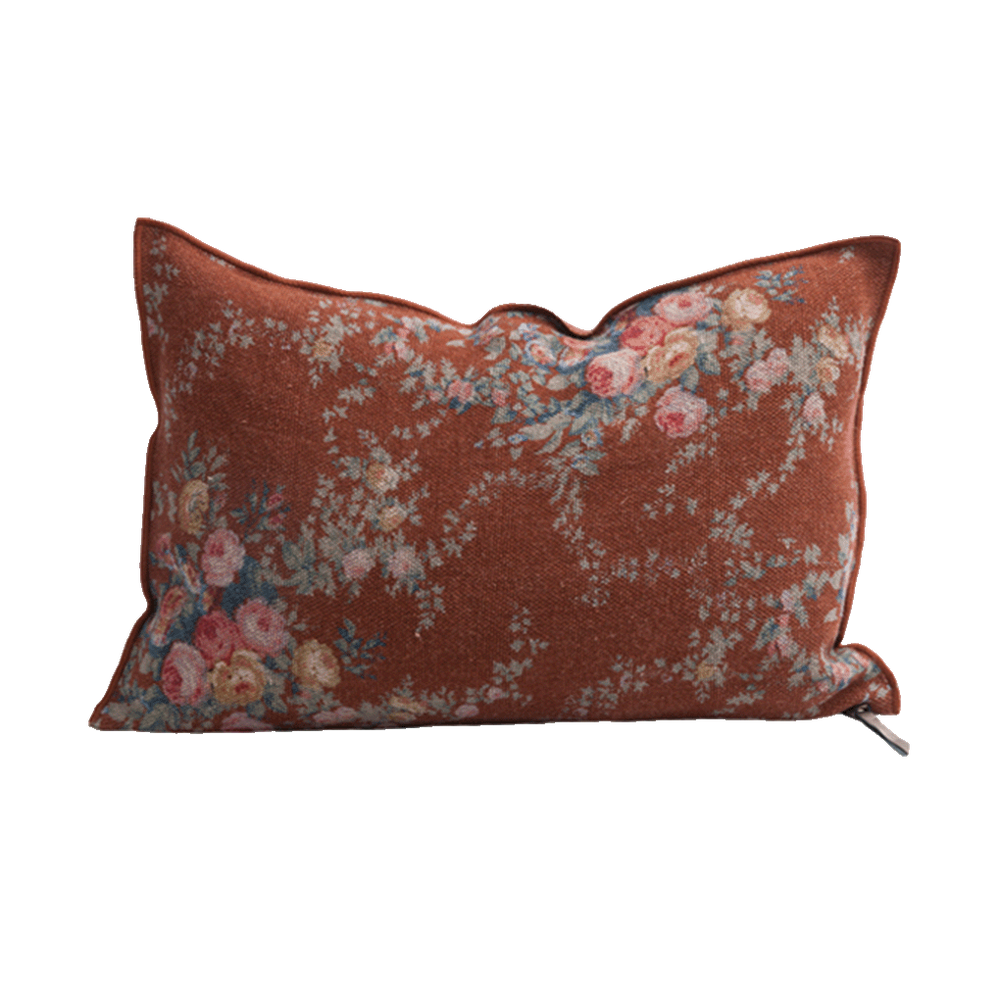 Cojín de lino con estampado floral en tonos arcilla, azul y rosa, de 40 × 60 cm
