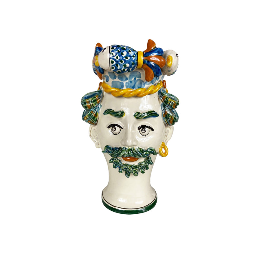 Jarrón de cerámica con cabeza masculina pintada, sombrero azul y barba verde, base verde