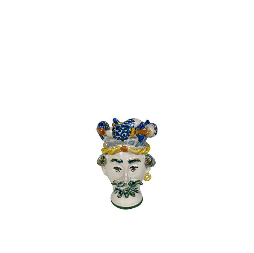 Jarrón de cerámica con cabeza de hombre siciliana, detalle pintado azul y verde