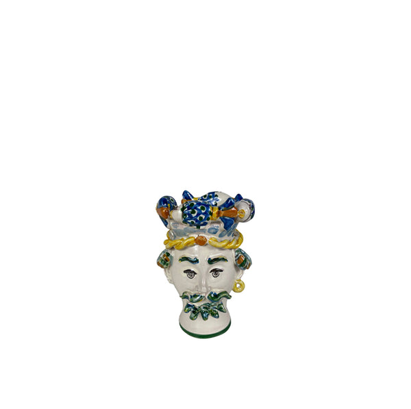 Jarrón de cerámica con cabeza de hombre siciliana, detalle pintado azul y verde