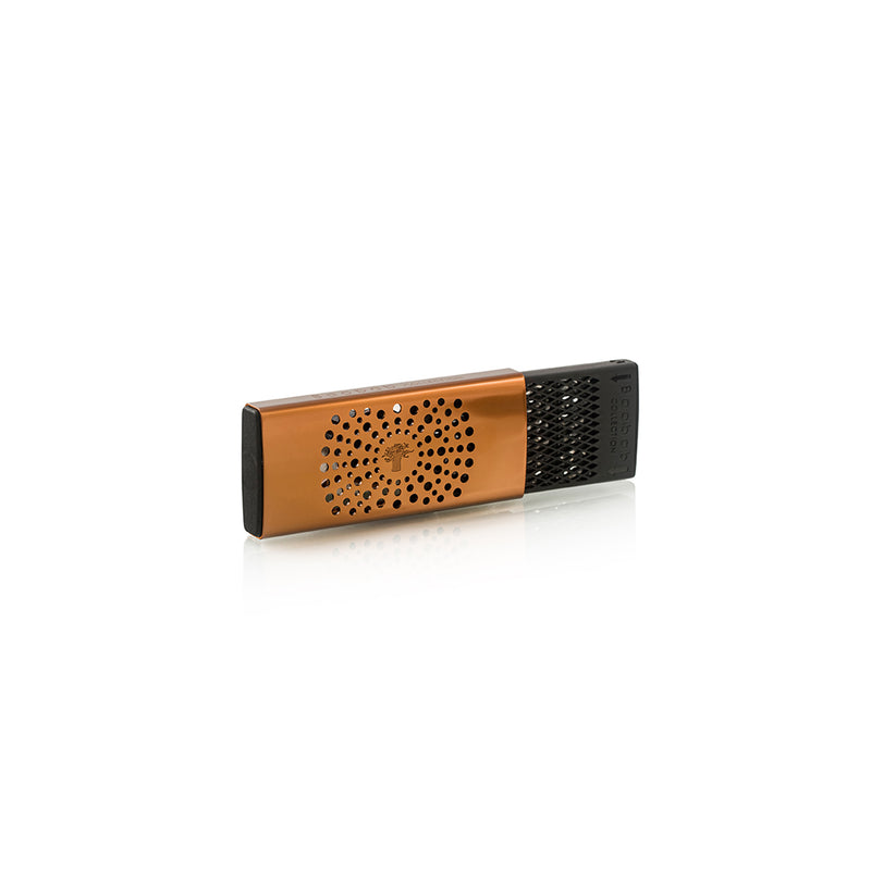 Difusor de fragancia para coche vista lateral: franja dorado-naranja y malla negra