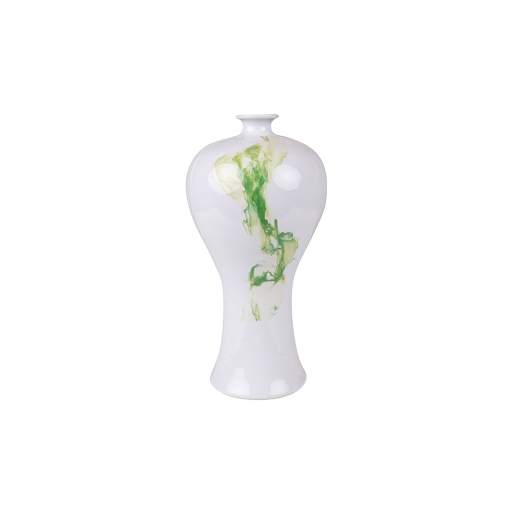 Jarrón de porcelana blanco con acuarela verde y forma de reloj de arena